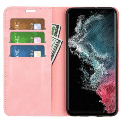 pour Samsung Galaxy S23 Ultra Skin-touch Feeling PU Leather Cover Magnetic Auto-absorbed Phone House with Stand Wallet - Pink