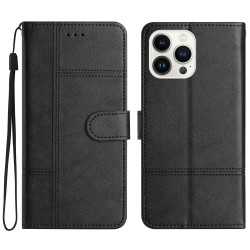 iPhone 14 Pro Flip Wallet House, Business Style Impact Resistant Cowhide  - Black