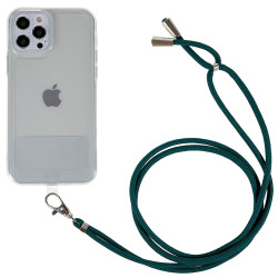 pour iPhone 12 Pro Max 6.7 inch Flexible TPU Phone Back House Transparent Drop-proof Cover with Round Lanyard - Dark Green