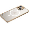 pour iPhone 13 6.1 inch Magnetic House Support Wireless Charging, Transparent Hard PC Back Metal Frame Matte Cover - Gold