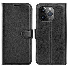 For iPhone 15 Pro Max Anti-Scratch Litchi Texture Phone Cover Wallet Flip PU Leather Phone Case - Black