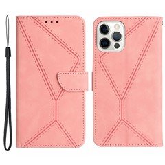 HT05 Leather Cover for iPhone 15 Pro Skin-touch Flip Stand Wallet Imprinted Line Anti-drop Phone Case - Pink