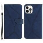 HT05 Leather Cover for iPhone 15 Pro Skin-touch Flip Stand Wallet Imprinted Line Anti-drop Phone Case - Blue