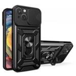 For iPhone 15 Slide Camera Lens Cover Shockproof Mobile Phone Case PC+TPU Kickstand Phone Shell - Black