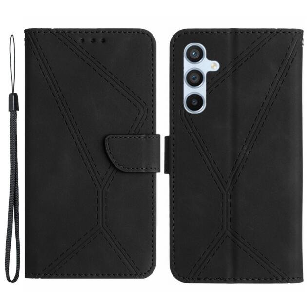 HT05 For Samsung Galaxy S23 FE Phone Case Wallet Imprinted Line Skin-touch PU Leather+TPU Phone Stand Cover - Black