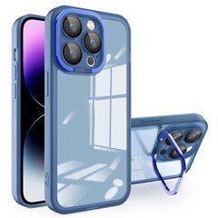 Flexible TPU Phone Case for iPhone 15 Pro Max , Electroplating PC Kickstand Cover with Lens Film - Blue