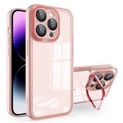 Flexible TPU Phone Case for iPhone 15 Pro Max , Electroplating PC Kickstand Cover with Lens Film - Pink
