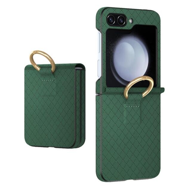 GKK For Samsung Galaxy Z Flip5 5G Hard PC+PU Phone Case Grids Imprinted Slim Phone Cover with Ring Finger Holder - Green