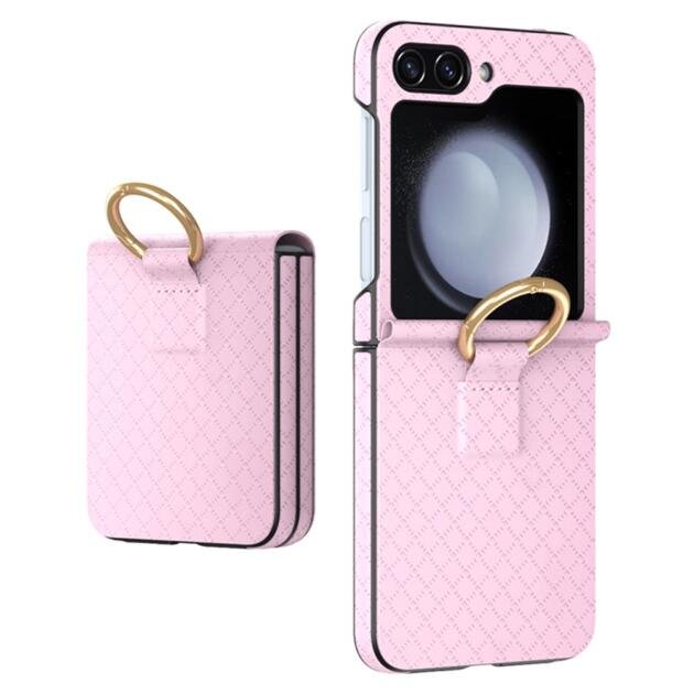 GKK For Samsung Galaxy Z Flip5 5G Hard PC+PU Phone Case Grids Imprinted Slim Phone Cover with Ring Finger Holder - Pink