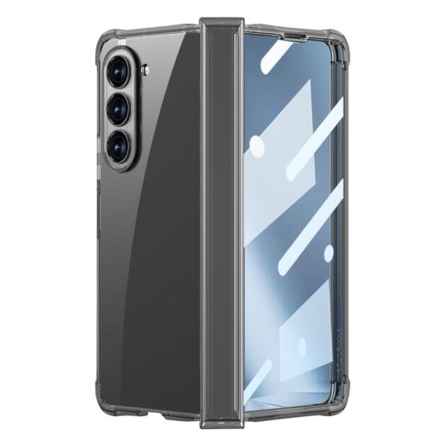 GKK For Samsung Galaxy Z Fold5 5G Phone Case Air Bag Hinge Protection Hard PC Phone Cover with Tempered Glass Screen Film - Transparent Black