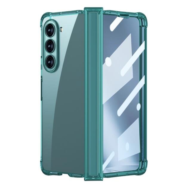 GKK For Samsung Galaxy Z Fold5 5G Phone Case Air Bag Hinge Protection Hard PC Phone Cover with Tempered Glass Screen Film - Transparent Green