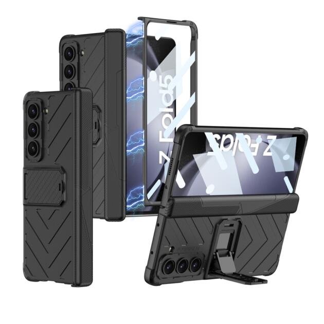GKK Armor Magnetic Phone Case for Samsung Galaxy Z Fold5 5G Hard PC Kickstand Phone Cover with Tempered Glass Screen Film - Black