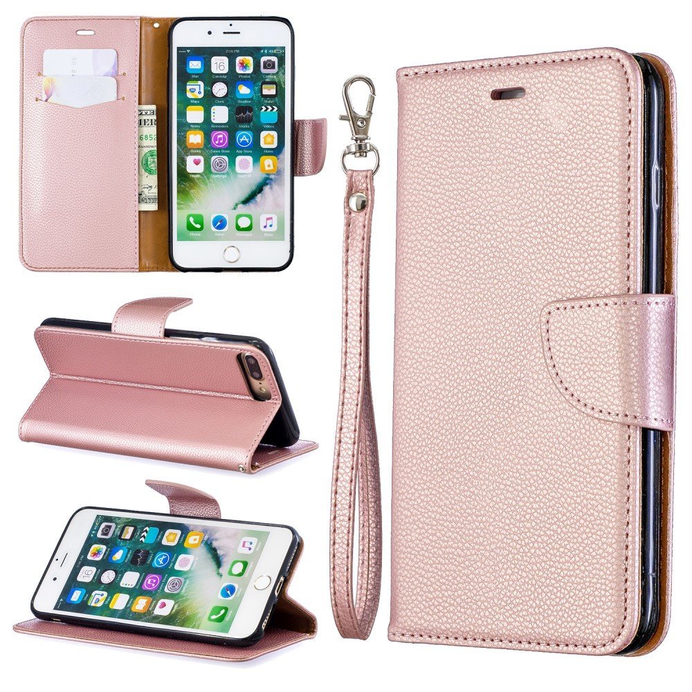 Litchi Skin Leather Wallet Case for iPhone 8 Plus / 7 Plus - Rose Gold