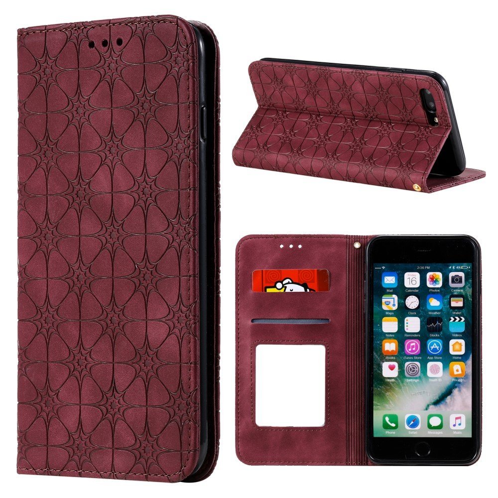 Imprint Flower Surface Auto-absorbed Cover with Card Slots for iPhone 7 Plus/8 Plus 5.5-inch - Red