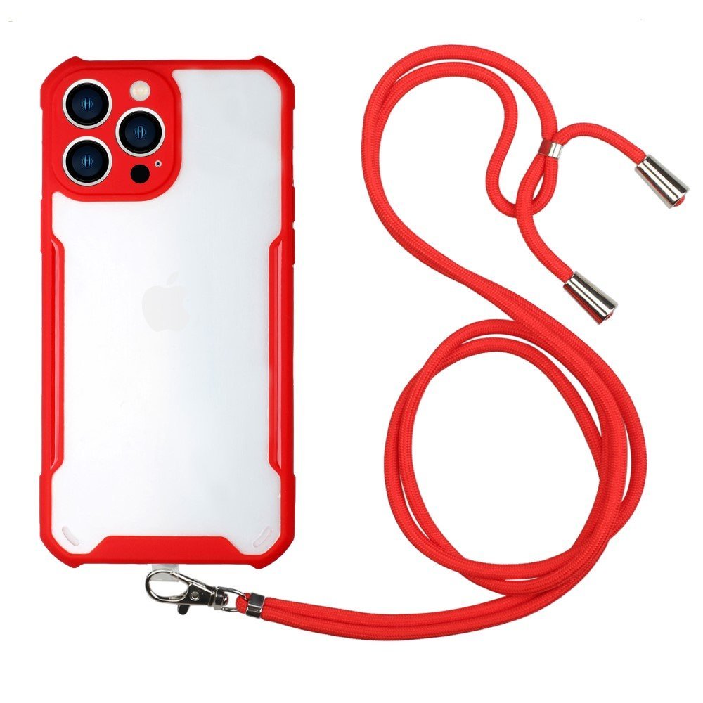 Anti-scratch Acrylic + TPU Hybrid Case Cell Phone Cover with Lanyard for iPhone 13 Pro Max 6.7 inch - Red
