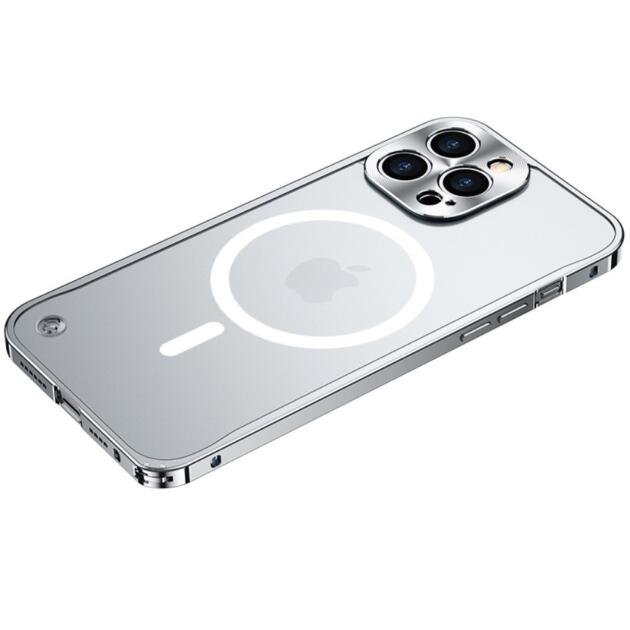 Coque magnétique pour iPhone 13 Pro 6,1 pouces - Cadre métallique PC rigide antichoc transparent - Argent