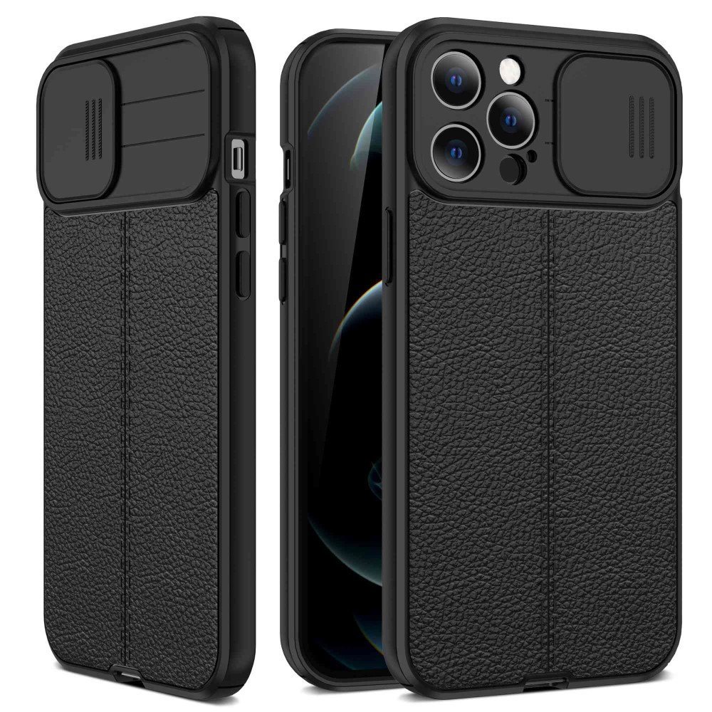 For iPhone 13 Pro Max 6.7 inch Slide Camera Cover Litchi Texture Anti-fingerprint PC+TPU Anti-fall Phone Case - Black