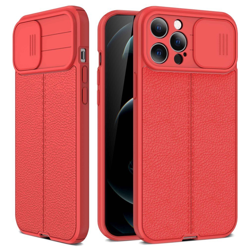 For iPhone 13 Pro Max 6.7 inch Slide Camera Cover Litchi Texture Anti-fingerprint PC+TPU Anti-fall Phone Case - Red