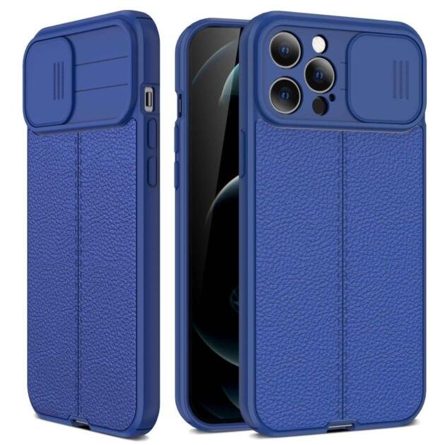 Étui avec cache caméra coulissant pour iPhone 13 Pro Max 6,7 pouces - Bleu