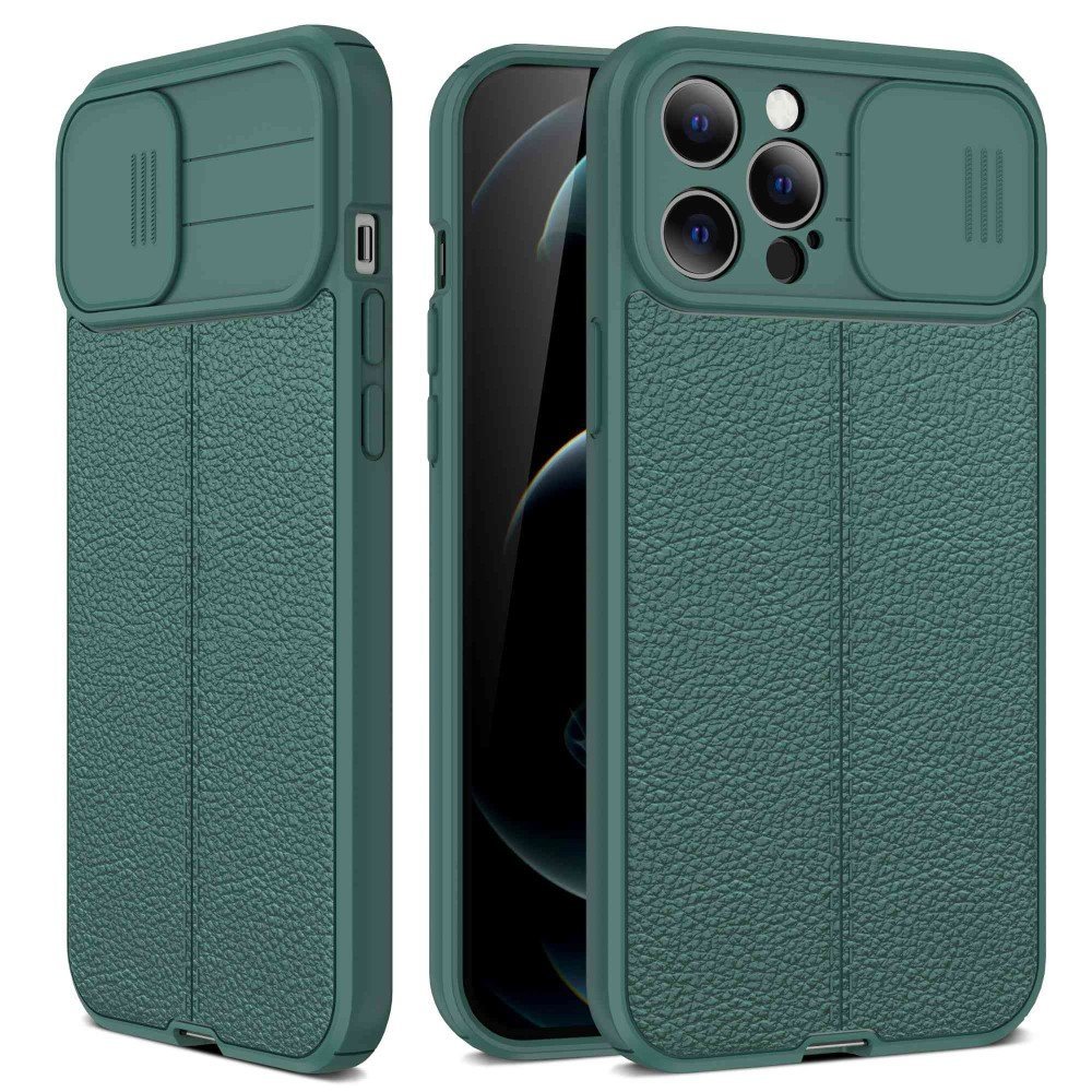 For iPhone 13 Pro Max 6.7 inch Slide Camera Cover Litchi Texture Anti-fingerprint PC+TPU Anti-fall Phone Case - Green