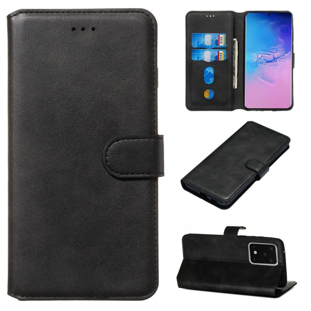 Solid Color Classic Flip Leather Wallet Phone Casing for Samsung Galaxy S20 Ultra - Black