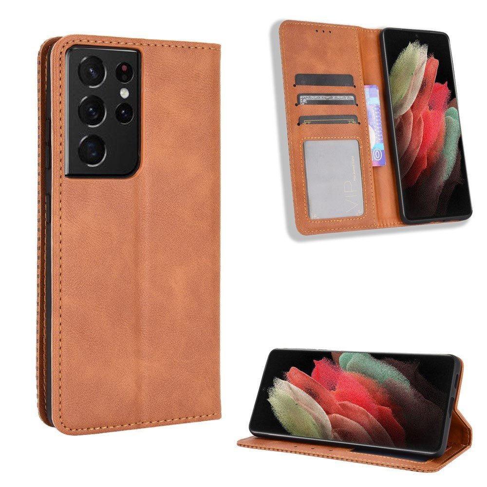 Vintage Style Auto-absorbed Wallet Stand TPU + PU Leather Phone Case for Samsung Galaxy S21 Ultra 5G - Brown