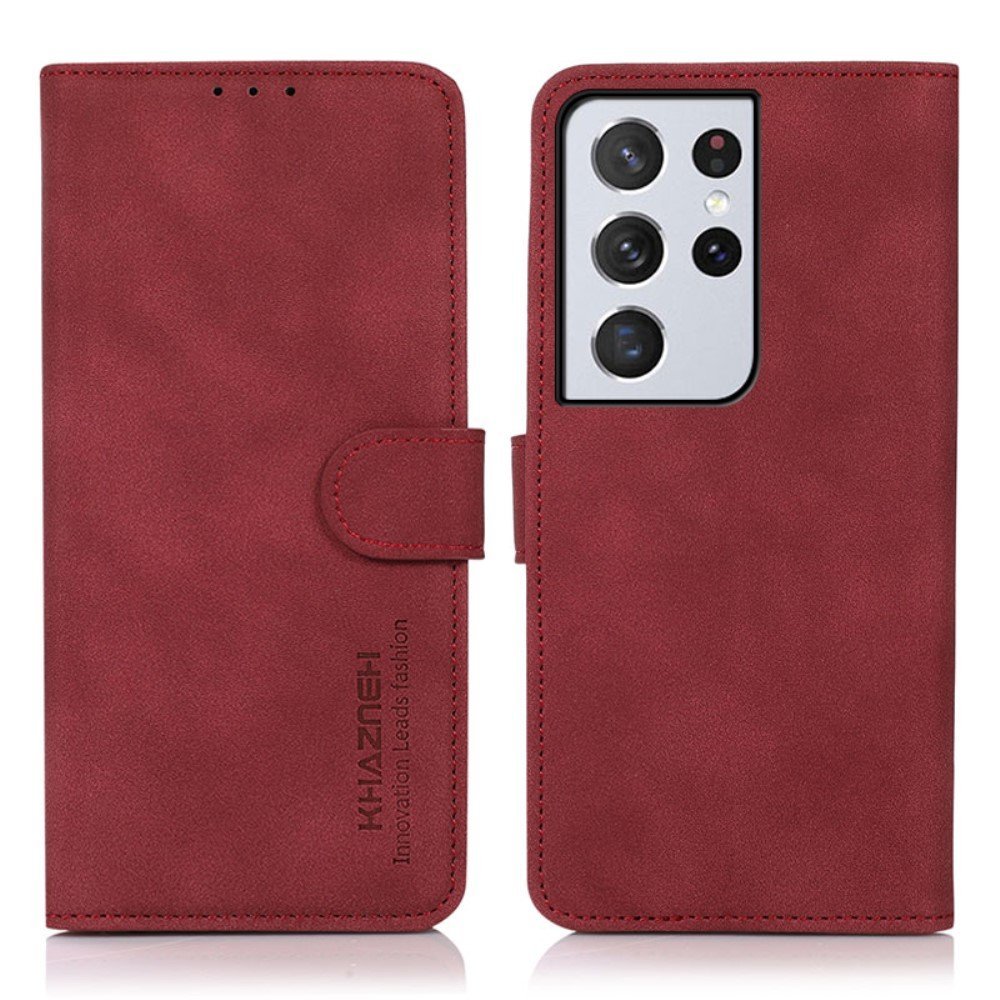 KHAZNEH Quality Phone Case Stand Wallet Leather Cover Case for Samsung Galaxy S21 Ultra 5G - Red