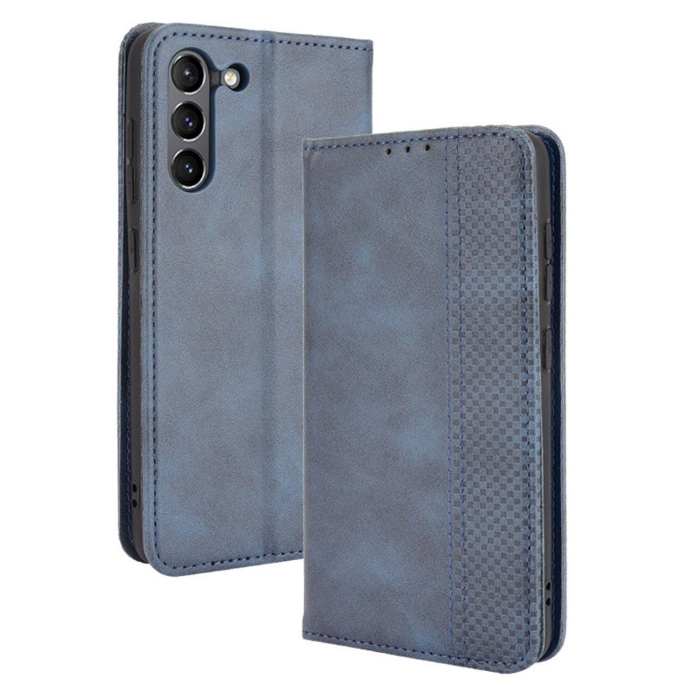 Magnetic Clasp Vintage Style TPU + Leather Phone Case Wallet Stand for Samsung Galaxy S21 FE - Blue