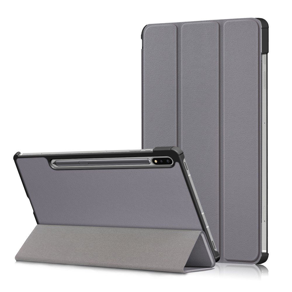 Tri-fold Stand Design Plain PU Leather Tablet Case Shell Protector for Samsung Galaxy Tab S7 FE T736/Tab S7 Plus/Tab S8+ - Grey