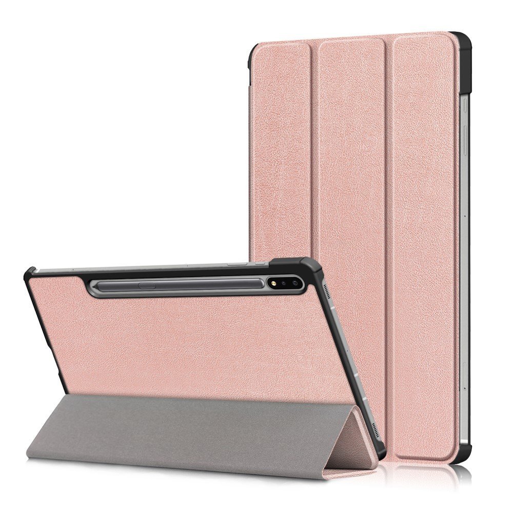 Tri-fold Stand Design Plain PU Leather Tablet Case Shell Protector for Samsung Galaxy Tab S7 FE T736/Tab S7 Plus/Tab S8+ - Rose Gold