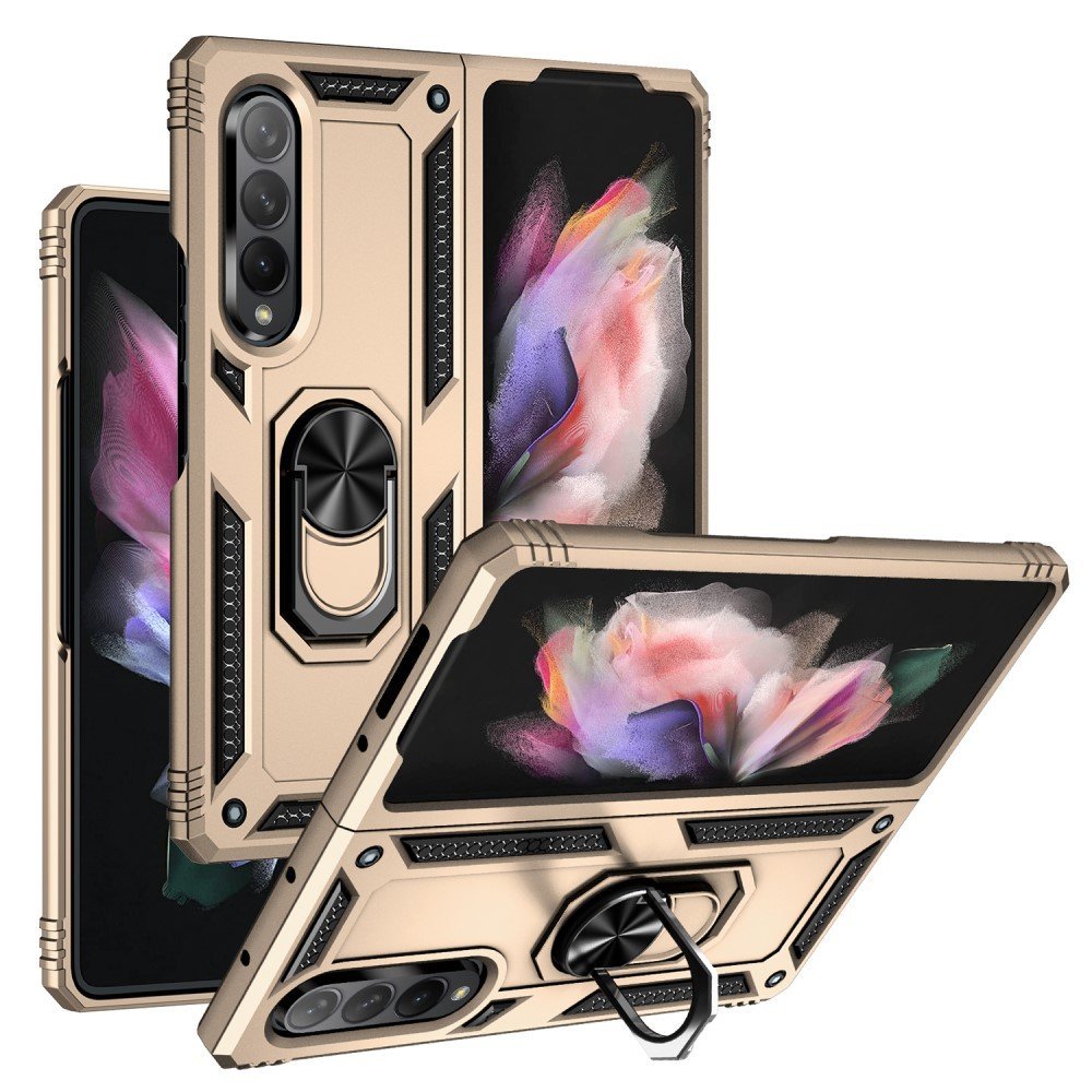 Ring Holder Kickstand Design Anti-fall PC + TPU + Metal Hybrid Phone Cover Shell for Samsung Galaxy Z Fold3 5G - Gold