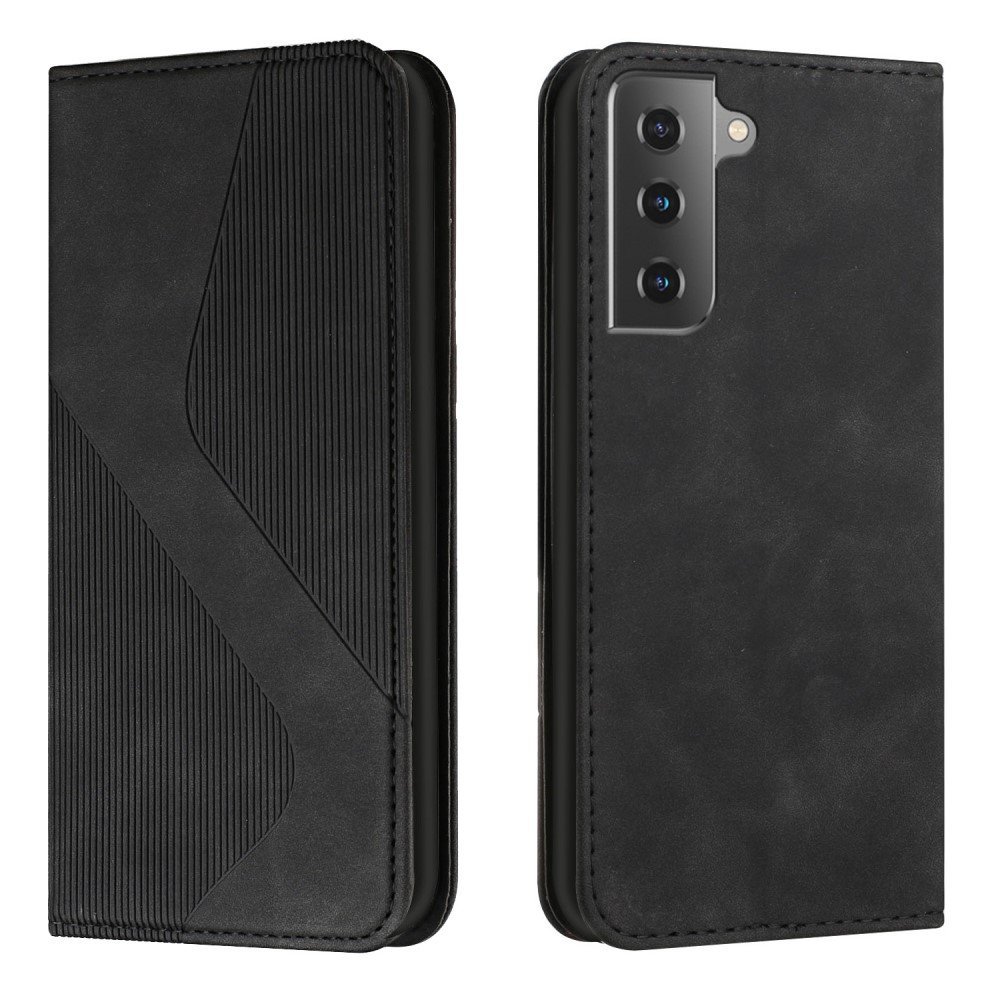 S-shaped Texture Wallet Stand Design Auto Closing Magnetic Flip Phone Case Protective Cover for Samsung Galaxy S22 Plus - Black