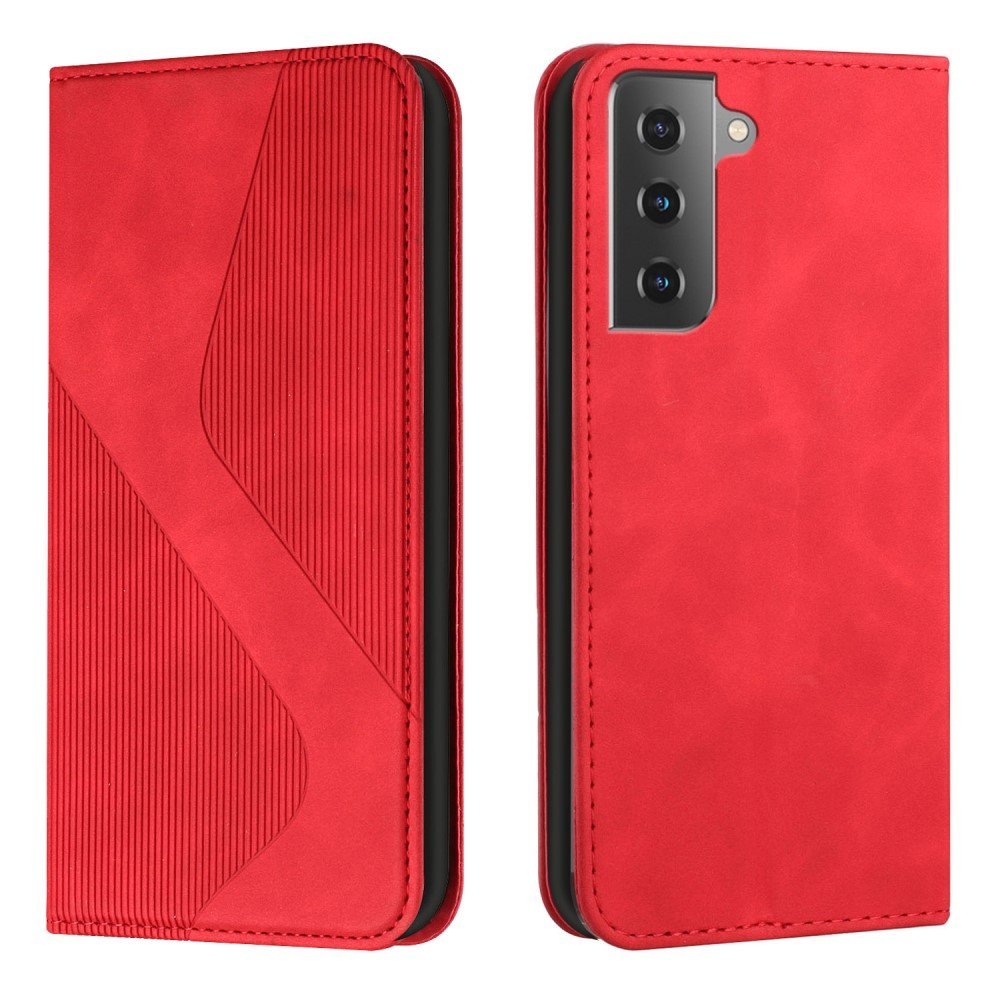 S-shaped Texture Wallet Stand Design Auto Closing Magnetic Flip Phone Case Protective Cover for Samsung Galaxy S22 Plus - Red