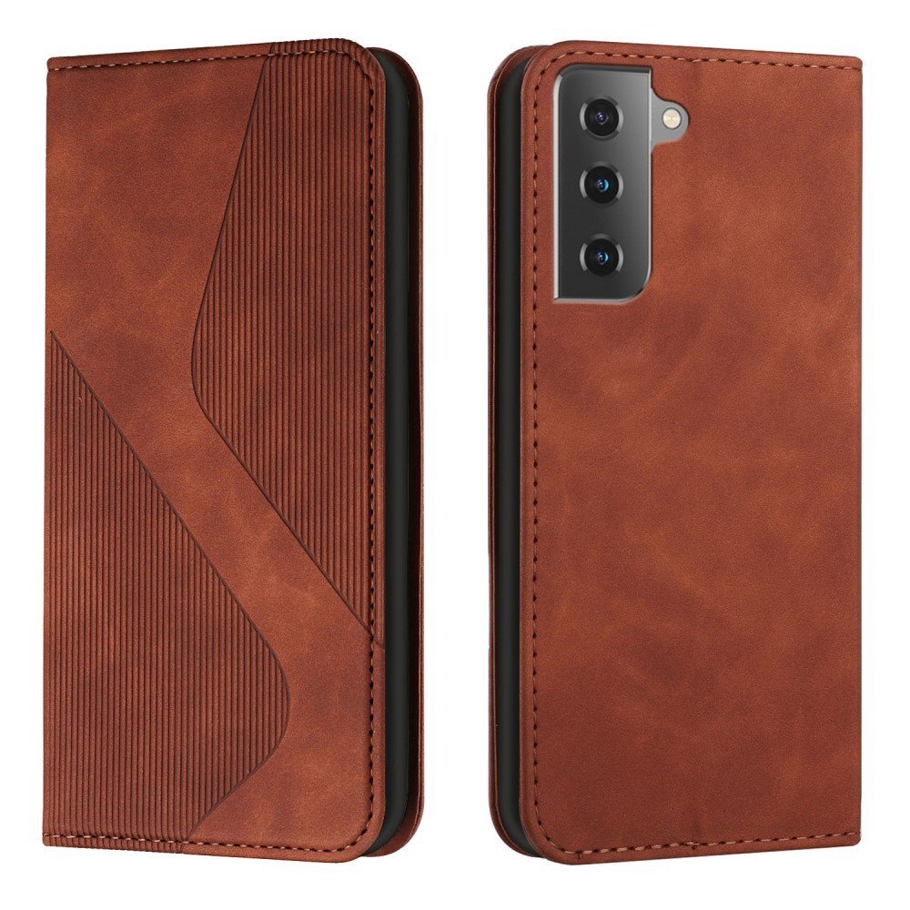 S-shaped Texture Wallet Stand Design Auto Closing Magnetic Flip Phone Case Protective Cover for Samsung Galaxy S22 Plus - Brown