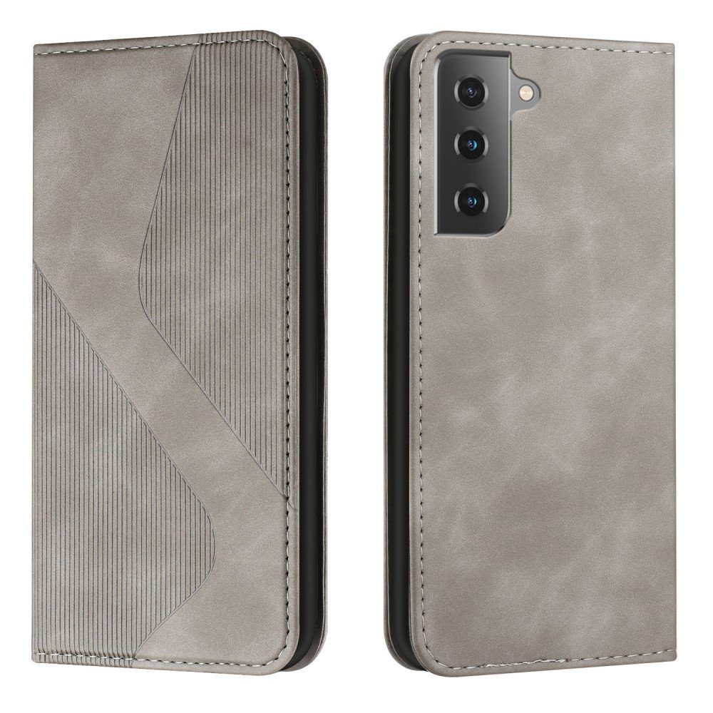 S-shaped Texture Wallet Stand Design Auto Closing Magnetic Flip Phone Case Protective Cover for Samsung Galaxy S22 Plus - Grey