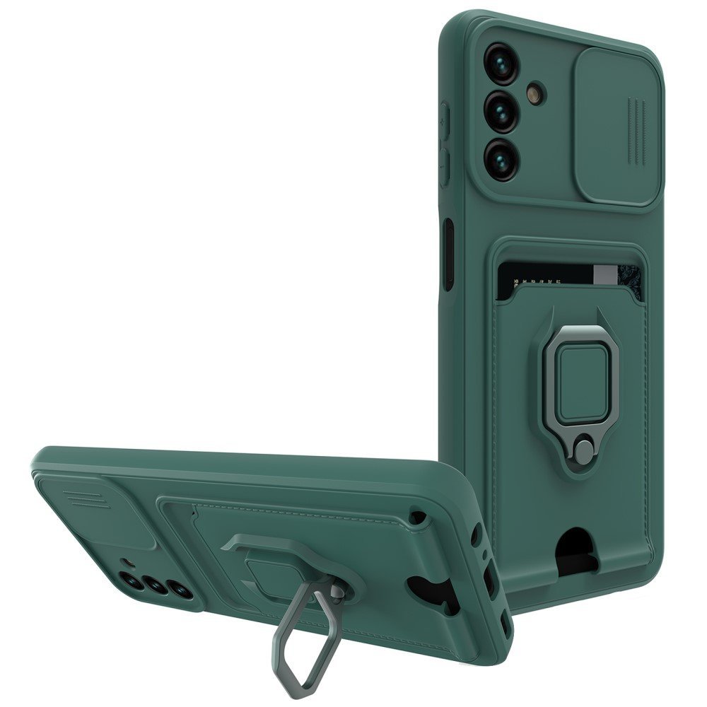 For Samsung Galaxy A13 5G / A04s 4G (164.7 x 76.7 x 9.1 mm) Ring Kickstand Soft TPU Business Shell Shock-Absorbing Card Slot Phone Case with Slide Camera Cover - Green