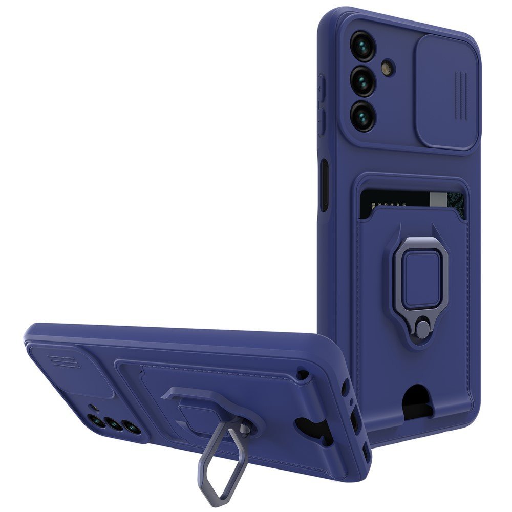 For Samsung Galaxy A13 5G / A04s 4G (164.7 x 76.7 x 9.1 mm) Ring Kickstand Soft TPU Business Shell Shock-Absorbing Card Slot Phone Case with Slide Camera Cover - Blue