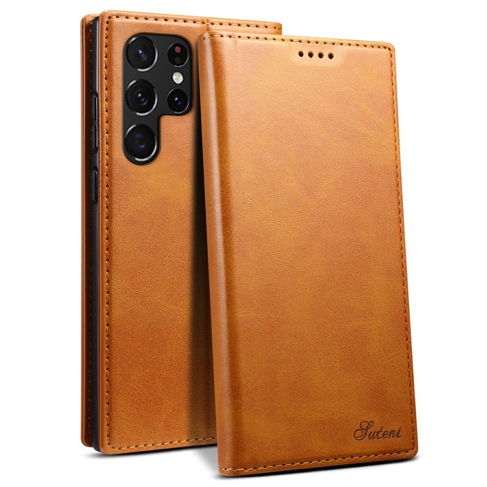SUTENI for Samsung Galaxy S22 Ultra 5G Shockproof Auto-absorbed Magnetic Stand Wallet Leather Well-protected Phone Case Cover - Khaki