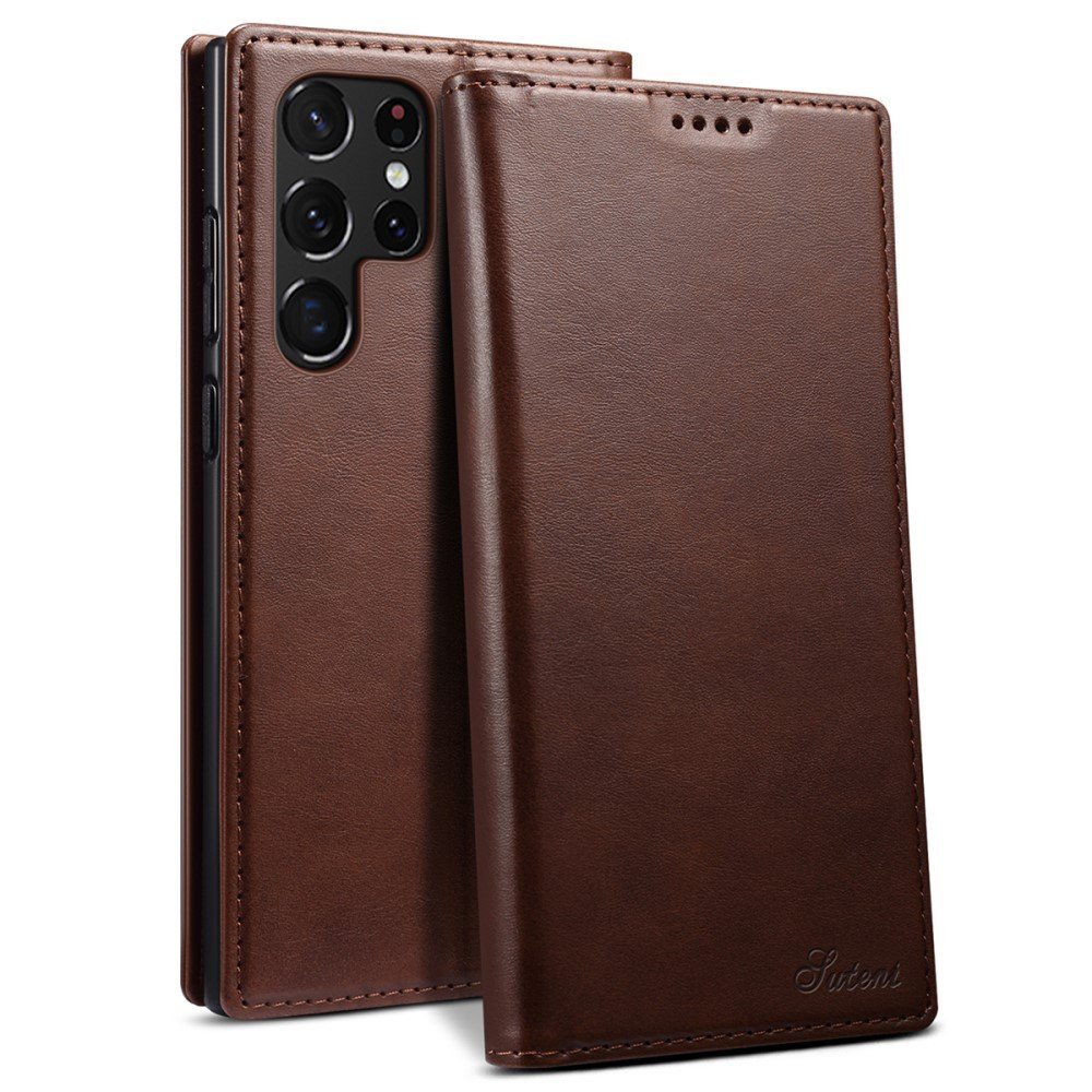 SUTENI for Samsung Galaxy S22 Ultra 5G Shockproof Auto-absorbed Magnetic Stand Wallet Leather Well-protected Phone Case Cover - Brown