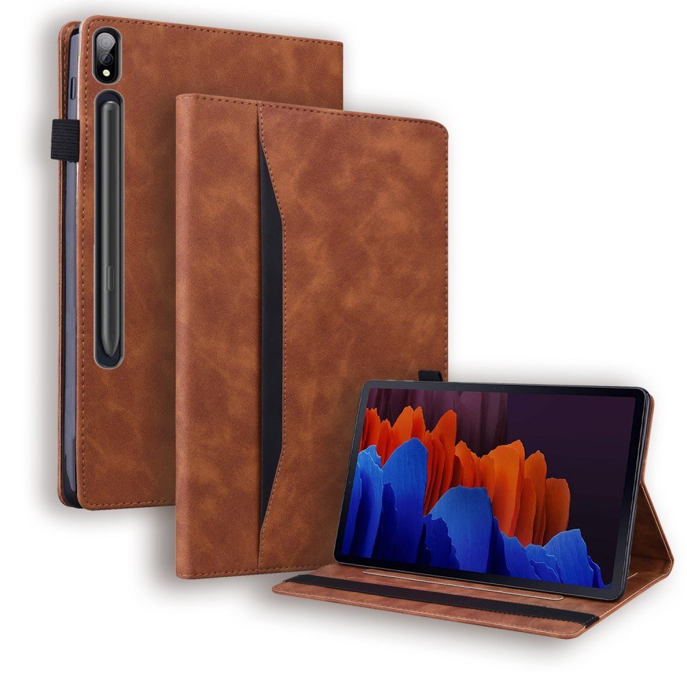 For Samsung Galaxy Tab S8 Ultra PU Leather Tablet Case Foldable Stand Wallet Shockproof Shell with Pencil Holder - Brown