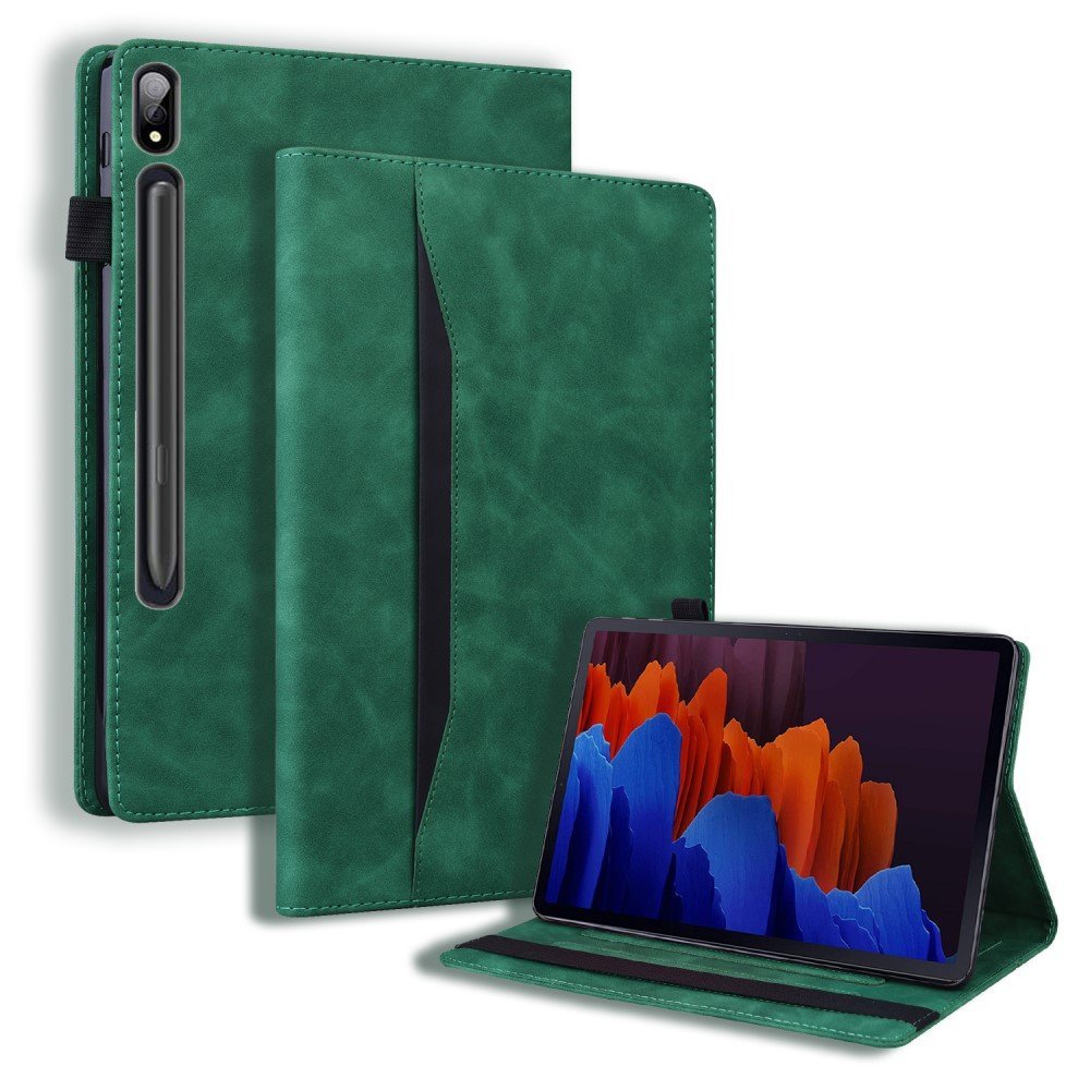 For Samsung Galaxy Tab S8 Ultra PU Leather Tablet Case Foldable Stand Wallet Shockproof Shell with Pencil Holder - Green