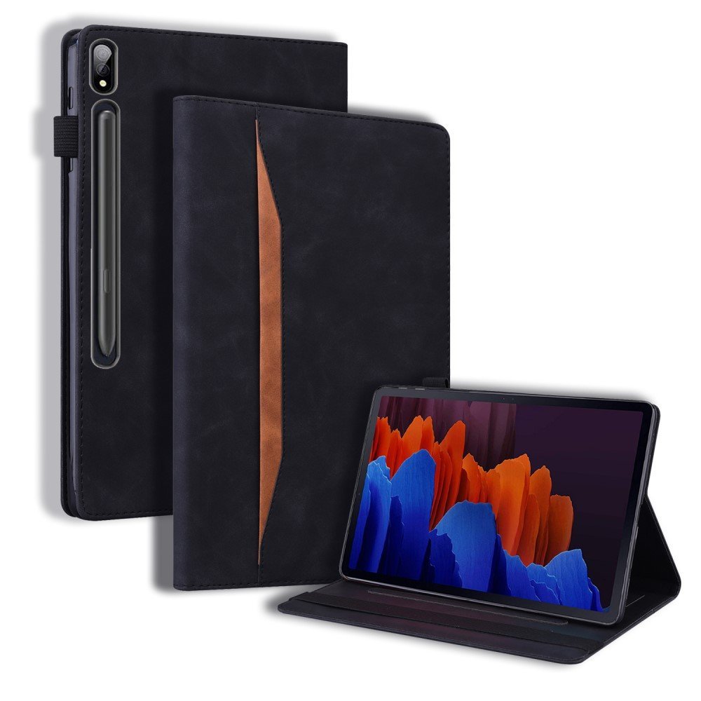 For Samsung Galaxy Tab S8 Ultra PU Leather Tablet Case Foldable Stand Wallet Shockproof Shell with Pencil Holder - Black