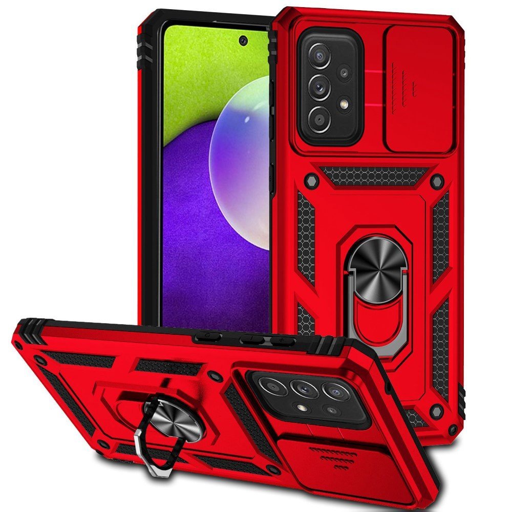For Samsung Galaxy A73 5G Case Ring Magnetic Kickstand PC + TPU Dual Layer Shock Absorption Protective Phone Protector with Camera Lens Cover - Red
