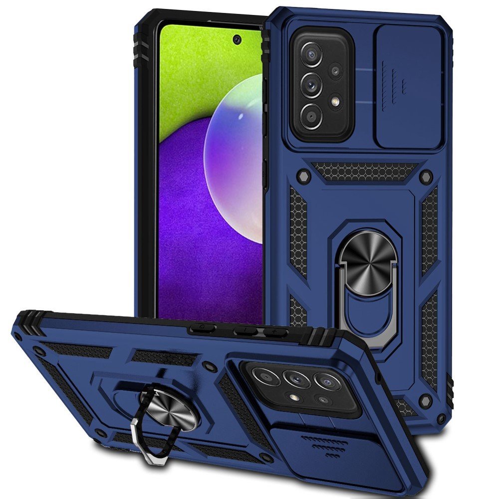 For Samsung Galaxy A73 5G Case Ring Magnetic Kickstand PC + TPU Dual Layer Shock Absorption Protective Phone Protector with Camera Lens Cover - Blue