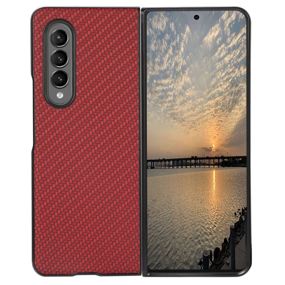 For Samsung Galaxy Z Fold4 5G Anti-drop Phone Case Carbon Fiber Texture Case PU Leather Coated PC Mobile Phone Protective Cover - Red