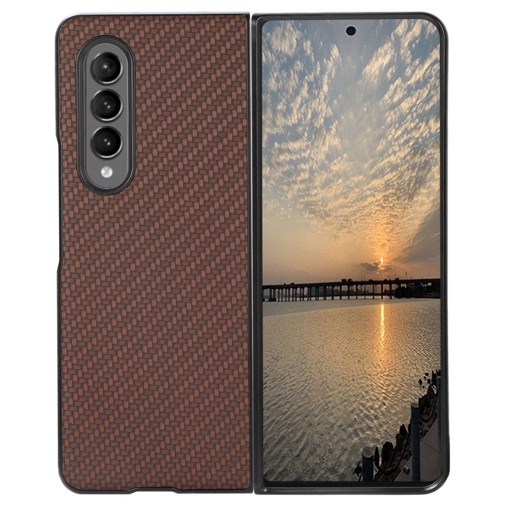For Samsung Galaxy Z Fold4 5G Anti-drop Phone Case Carbon Fiber Texture Case PU Leather Coated PC Mobile Phone Protective Cover - Brown