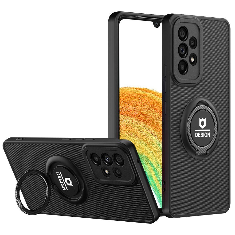 For Samsung Galaxy A33 5G Anti-scratch Hard PC+ TPU Phone Case Cover Protective Shell with Foldable Ring Kickstand - Black/Black