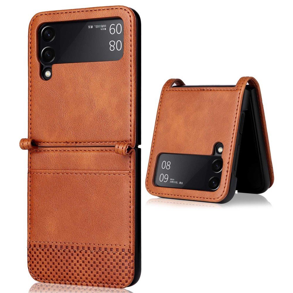 For Samsung Galaxy Z Flip4 5G Anti-fall Phone Cover Vintage Texture One-Piece Design PU Leather Coated PC Phone Case Shell with Card Slot - Brown