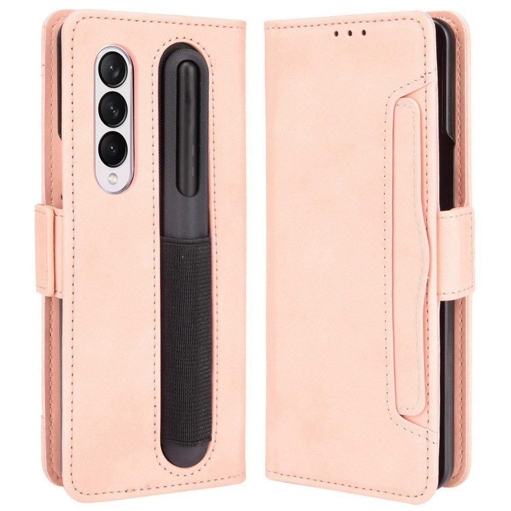 For Samsung Galaxy Z Fold4 5G Well-Protected Anti-Fall Pen Slot Phone Case PU Leather + TPU Phone Cover Multiple Card Slot Wallet Stand Design - Pink