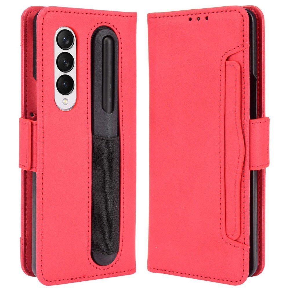 For Samsung Galaxy Z Fold4 5G Well-Protected Anti-Fall Pen Slot Phone Case PU Leather + TPU Phone Cover Multiple Card Slot Wallet Stand Design - Red